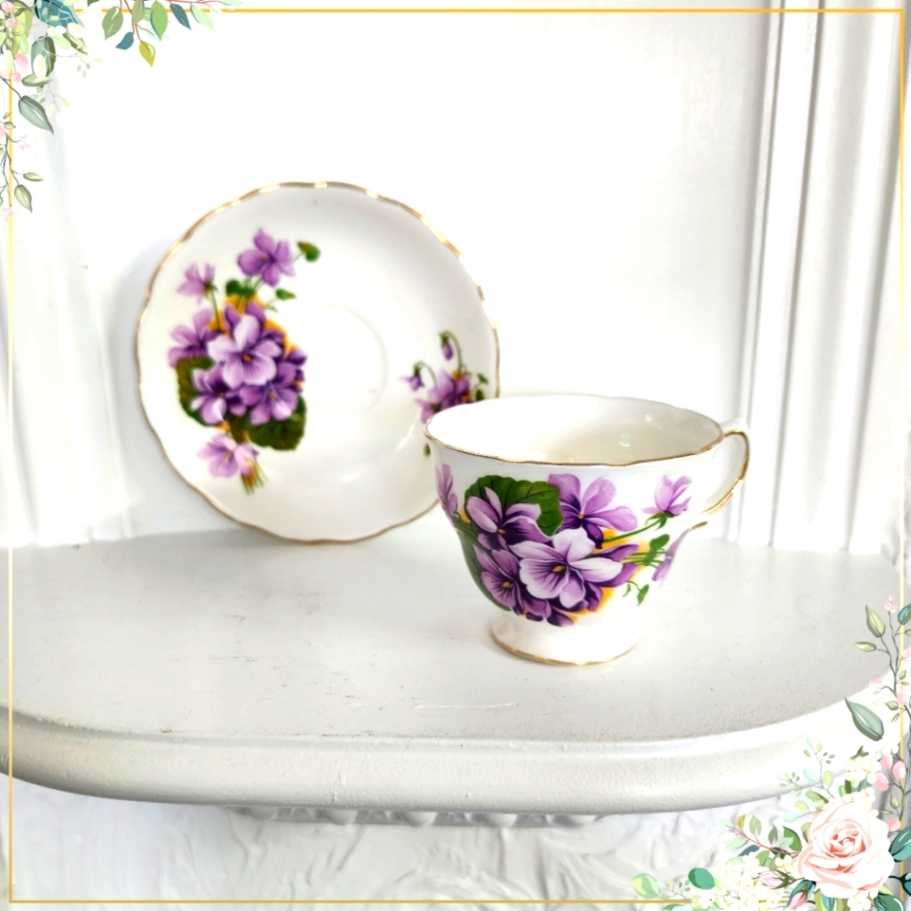 Vintage Royal Osborne purple flower Pattern Fine Bone China Teacup & Saucer